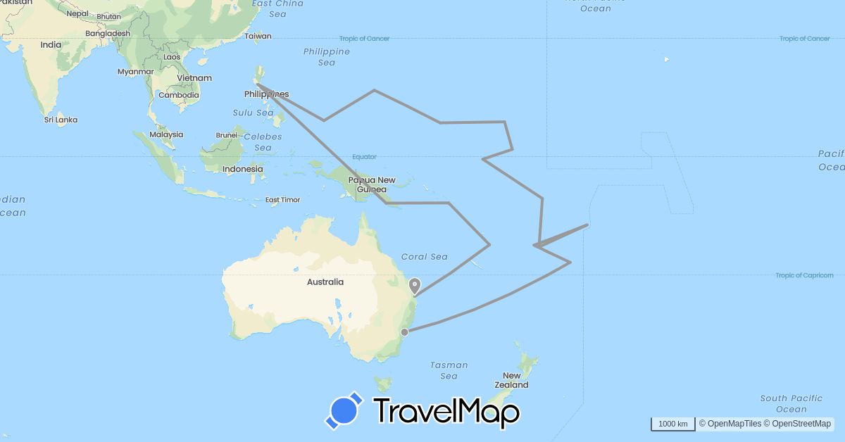 TravelMap itinerary: driving, plane in Australia, Fiji, Micronesia, Kiribati, Marshall Islands, Nauru, Papua New Guinea, Philippines, Palau, Solomon Islands, Tonga, Tuvalu, United States, Vanuatu, Samoa (Asia, North America, Oceania)